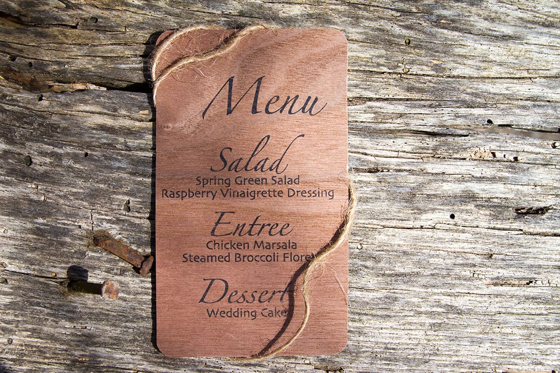 Walnut Wood Wedding Menu | Real Wood Paper Wedding Menu Printed on Walnut Real Wood Paper