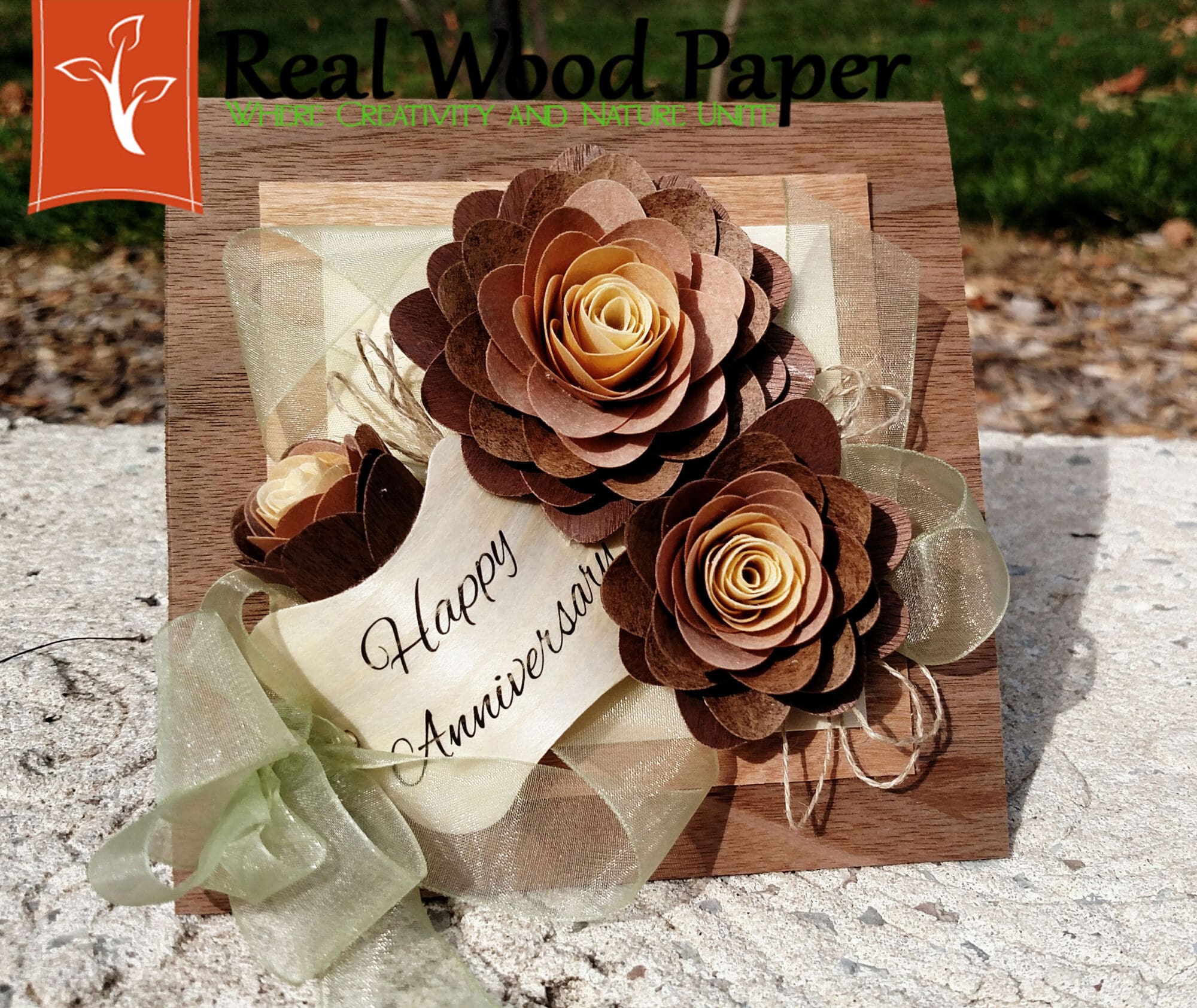 Real Wood Paper Anniversary Card with Flowers