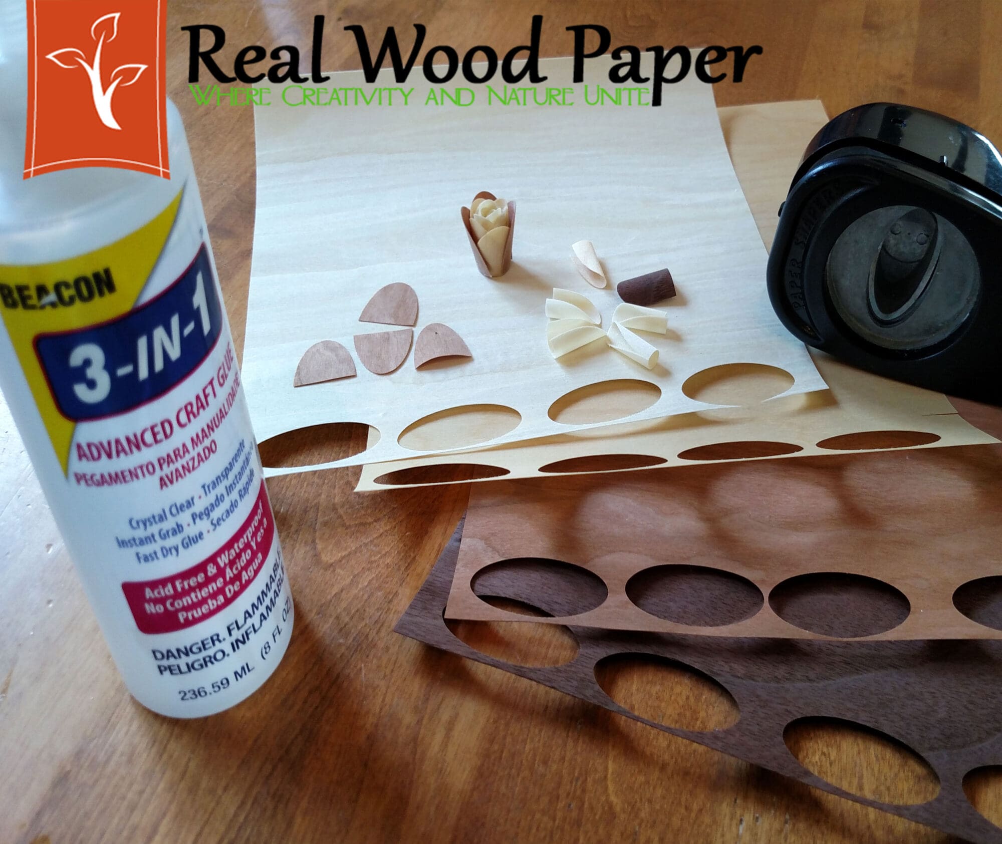 Glue and paper punch used on real wood paper sheets