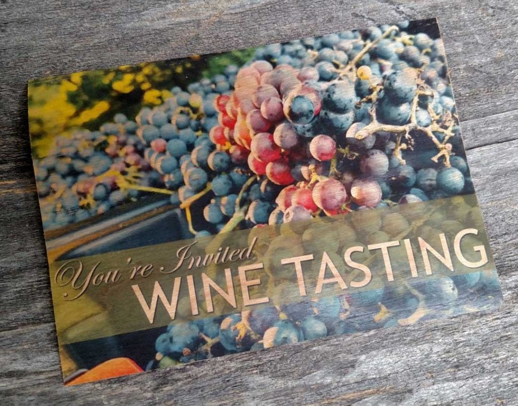 wine tasting invitation printed on cherry wood