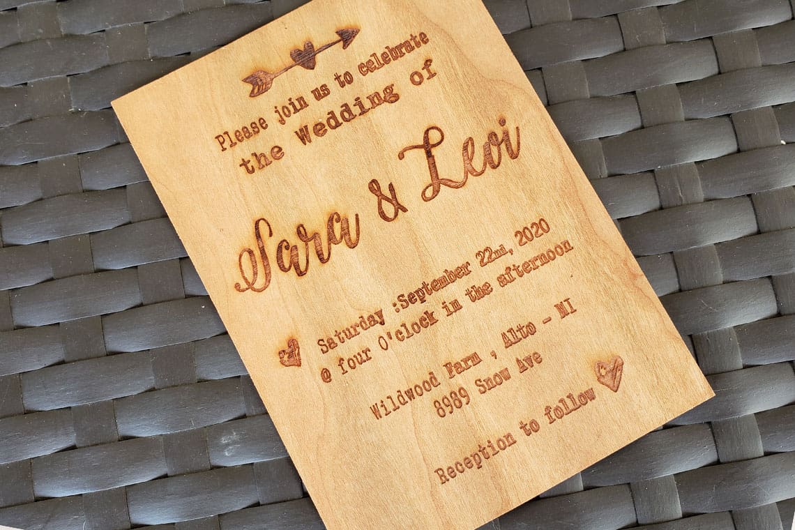 Laser Engraved Cherry Wood wedding invitation