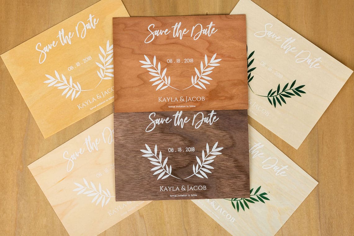 Save The Date Printed on Wood Cards | Real Wood Paper Save The Date Printed on Wood Cards