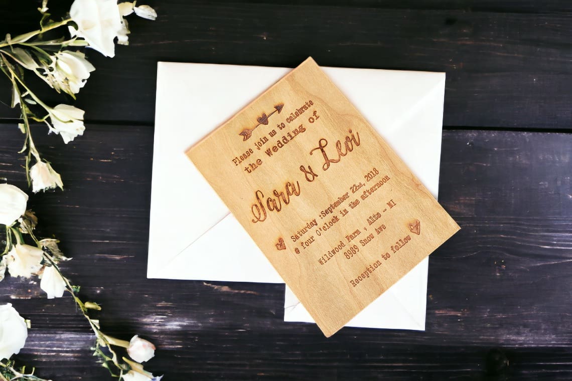 Laser Engraved Wood Wedding Invite